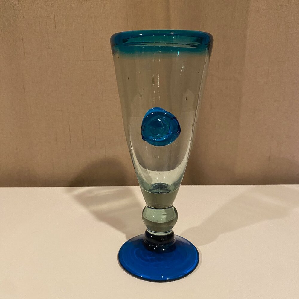 Hand Blown Aquamarine Art Glass‎ Goblet – Unique Collectible 7”
